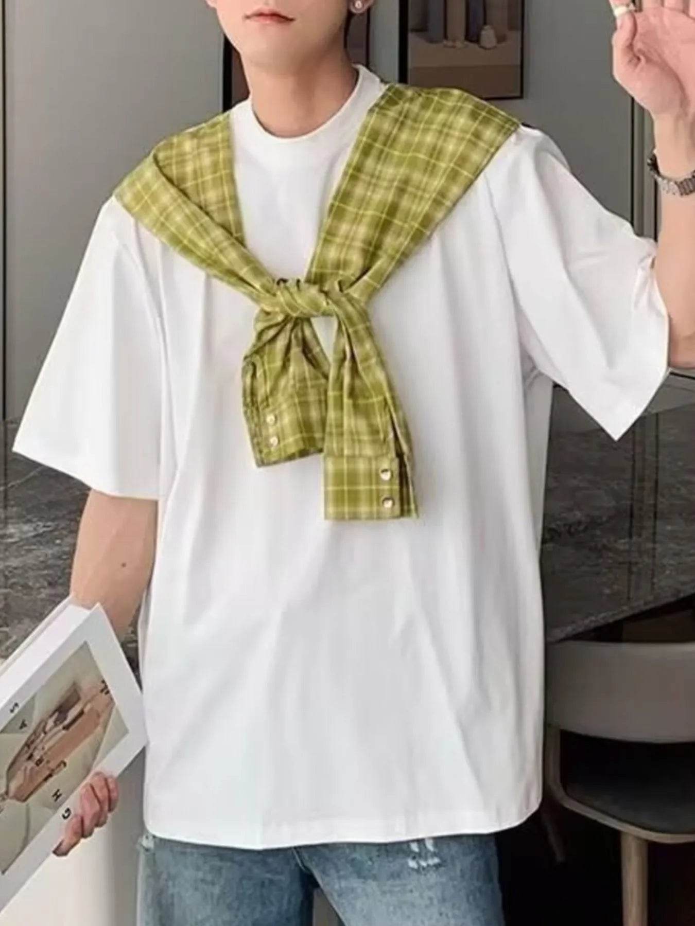 Men's Full Size Oversized T-Shirt with Plaid Shawl Plus Size - Tredona LLC