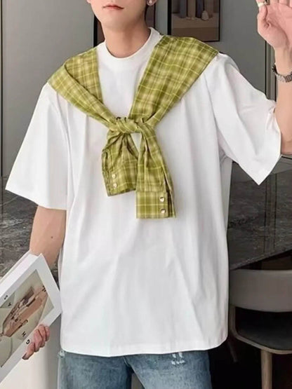 Men's Full Size Oversized T-Shirt with Plaid Shawl Plus Size - Tredona LLC