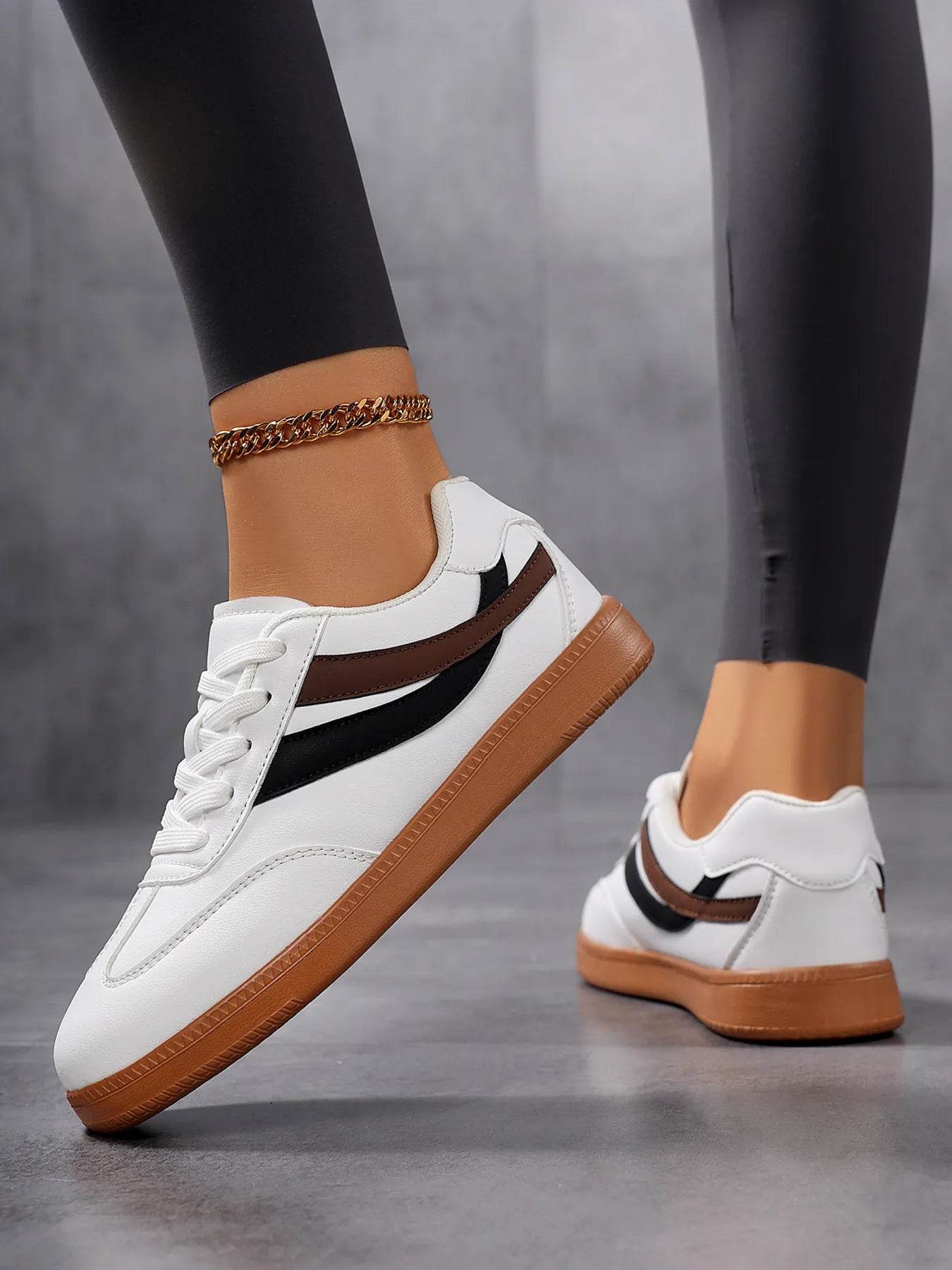 Lace Up Flat Sneakers with Stripe Accent - Tredona LLC