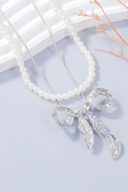 Synthetic Pearl Necklace, Bow Necklace and Bow Earrings Jewelry Set - Tredona LLC