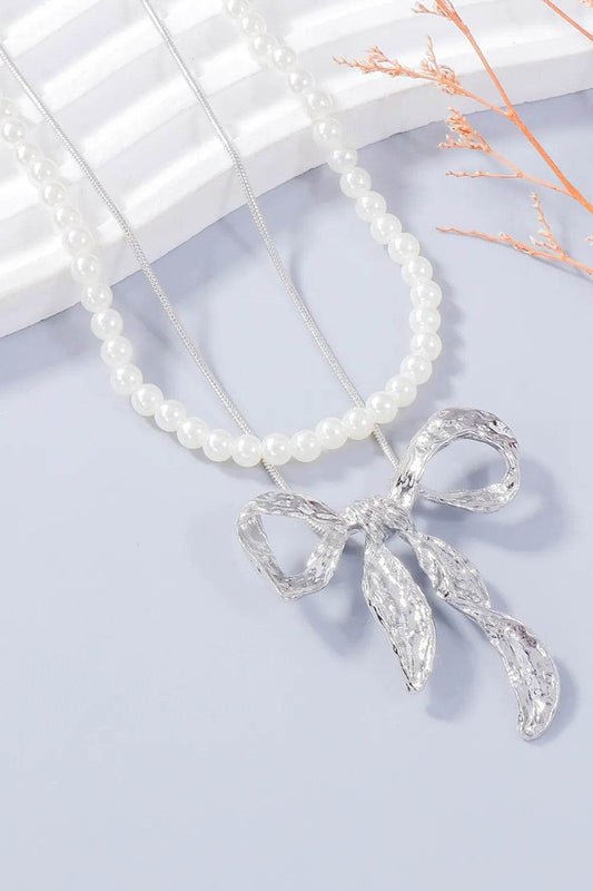 Synthetic Pearl Necklace, Bow Necklace and Bow Earrings Jewelry Set - Tredona LLC