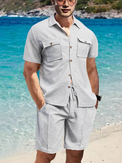 Men's Full Size Button Down Short Sleeve Top and Shorts Set Plus Size - Tredona LLC