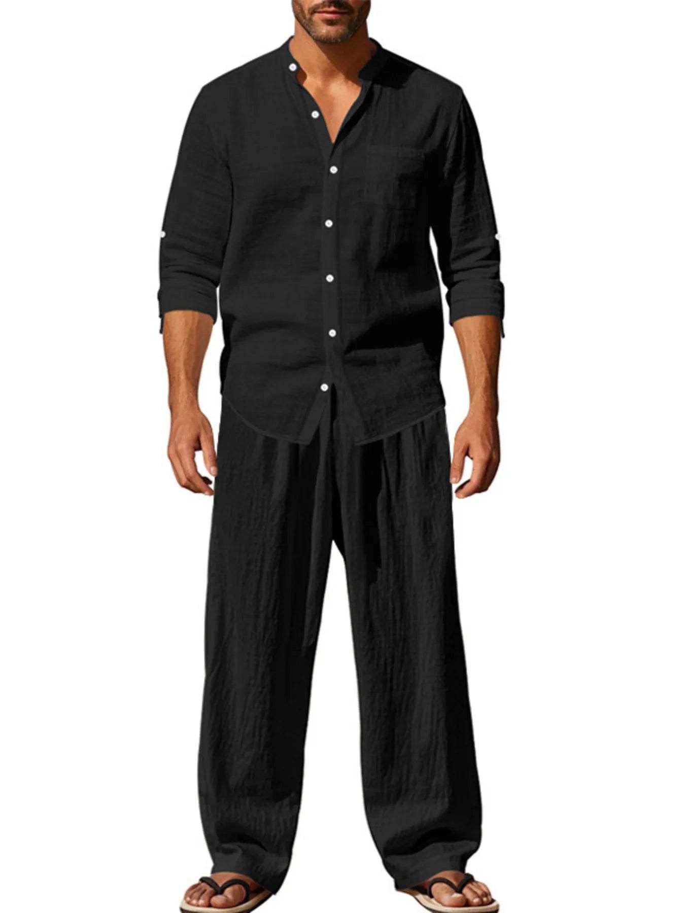 Men's Full Size Button Up Shirt and Pants Set Plus Size - Tredona LLC