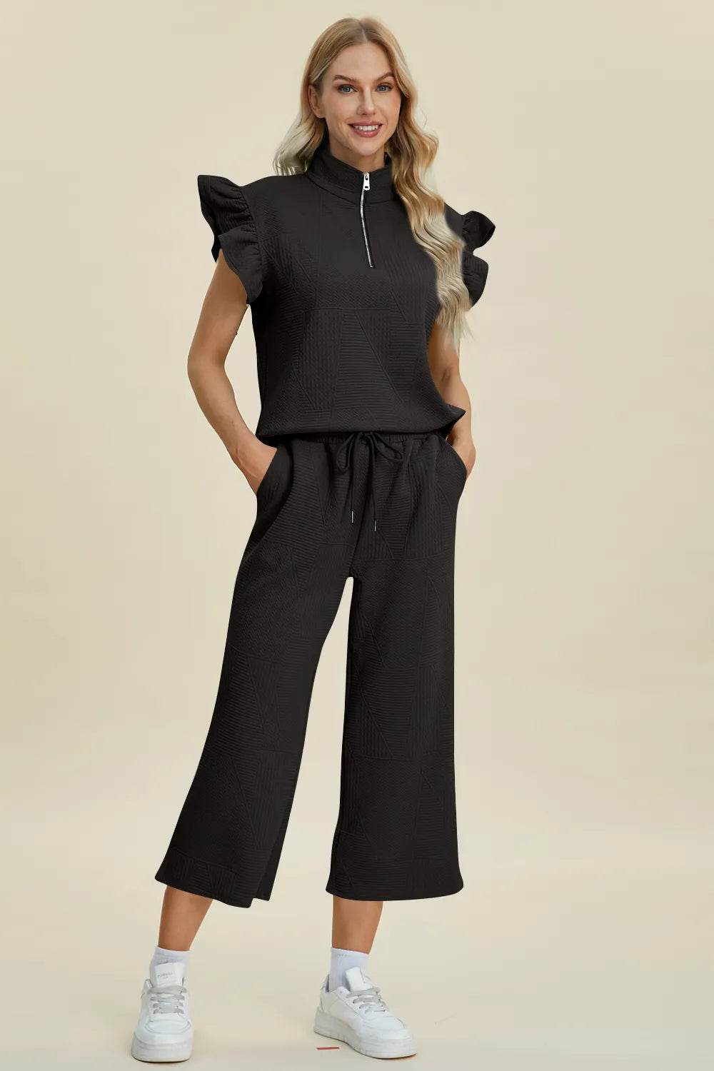 Double Take Full Size Texture Ruffle Short Sleeve Top and Wide Leg Pants Set - Tredona LLC