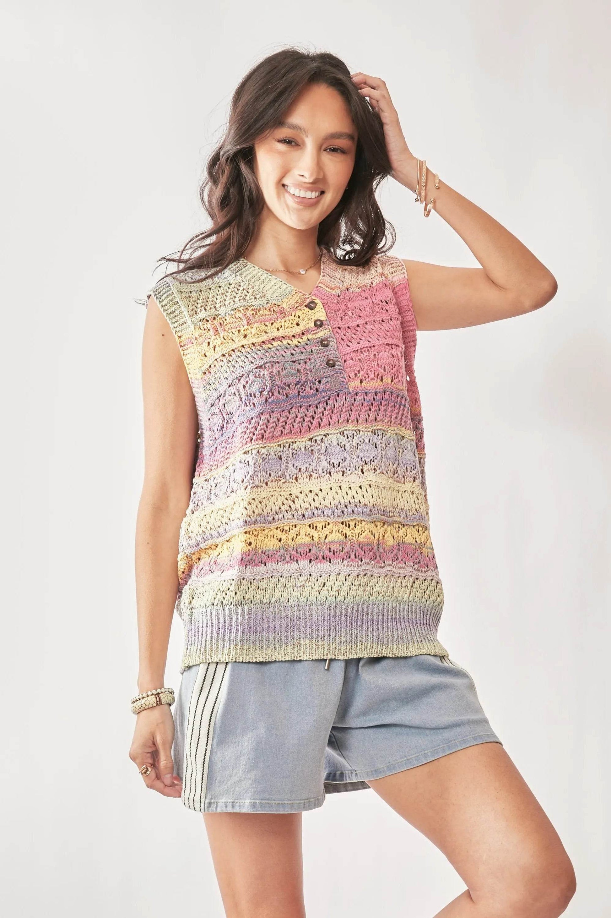 Davi & Dani Multi Color Crochet Sleeveless Knit Vest Top - Tredona LLC