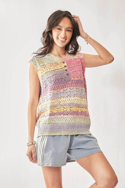 Davi & Dani Multi Color Crochet Sleeveless Knit Vest Top - Tredona LLC