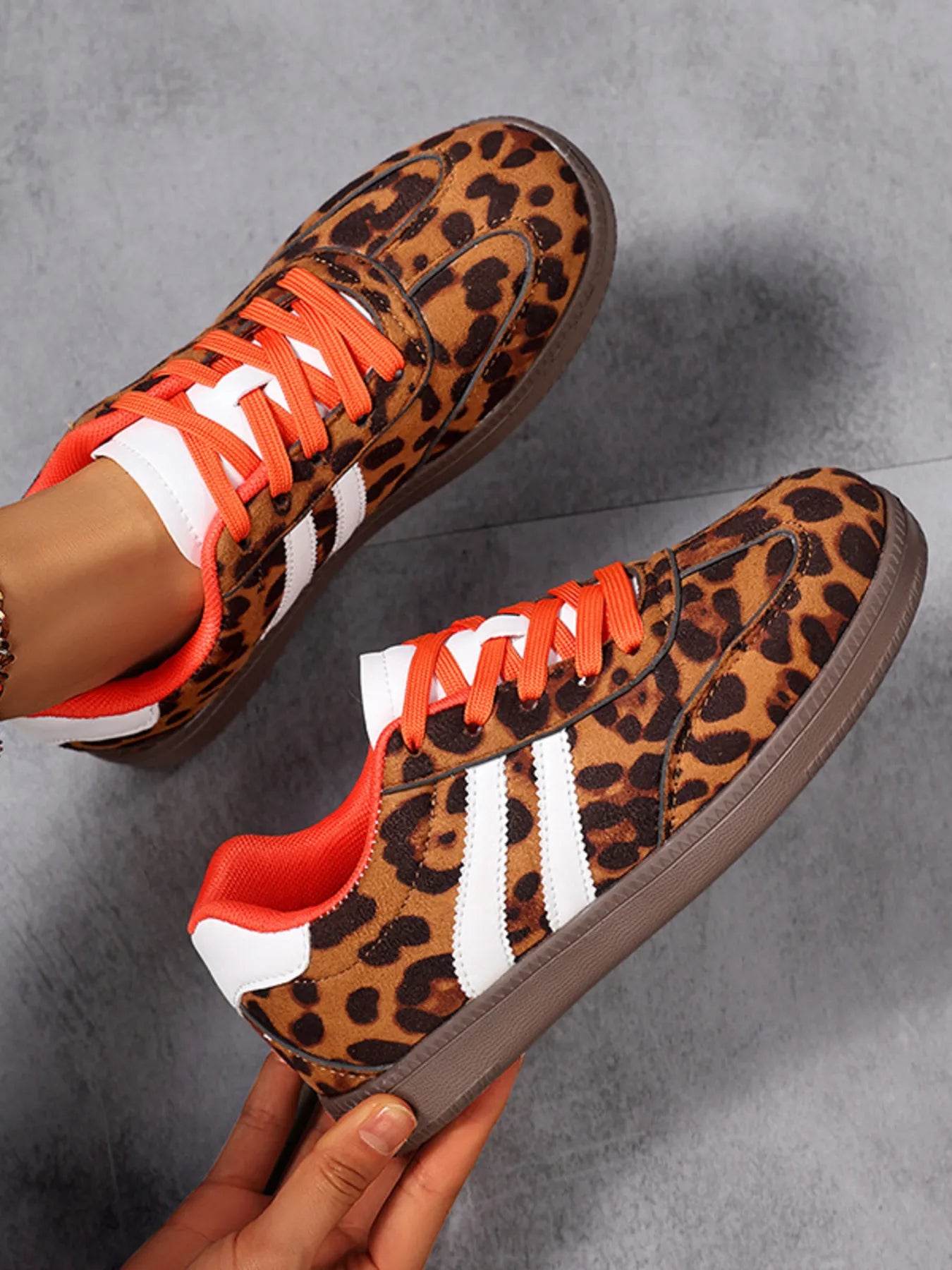 Leopard Print Stripe Detail Lace-up Sneakers - Tredona LLC