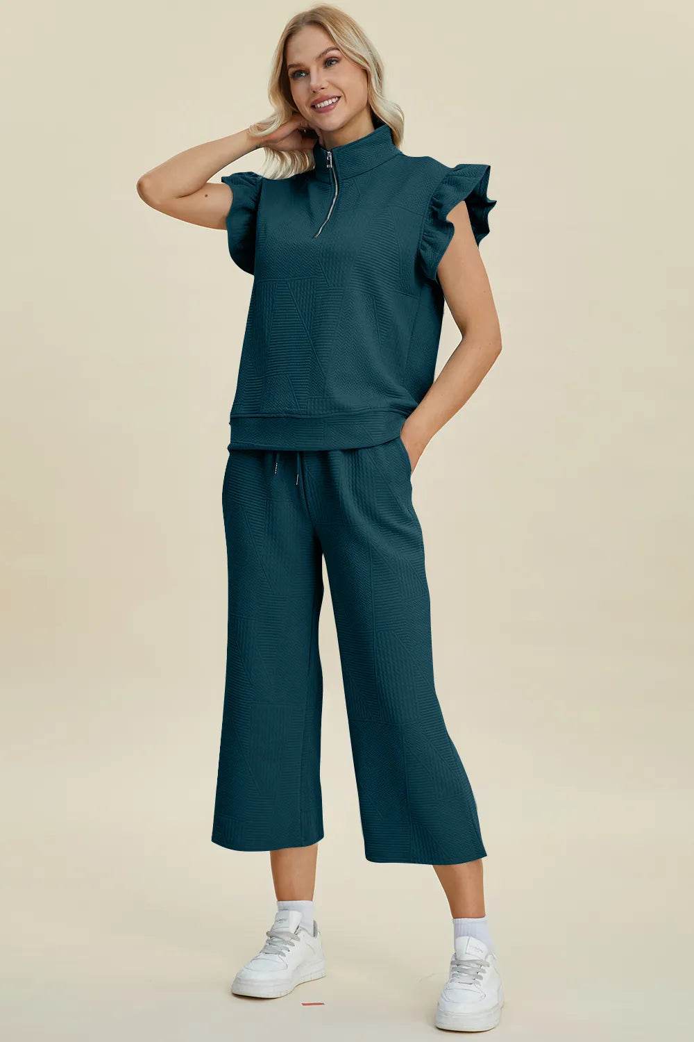Double Take Full Size Texture Ruffle Short Sleeve Top and Wide Leg Pants Set - Tredona LLC