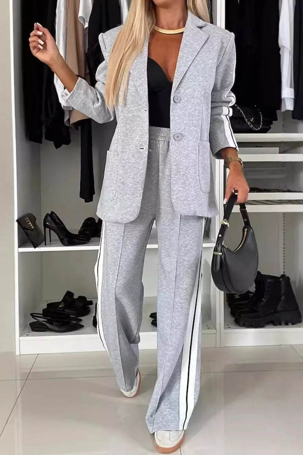 Full Size Contrast Lapel Collar Top and Pants Set - Tredona LLC