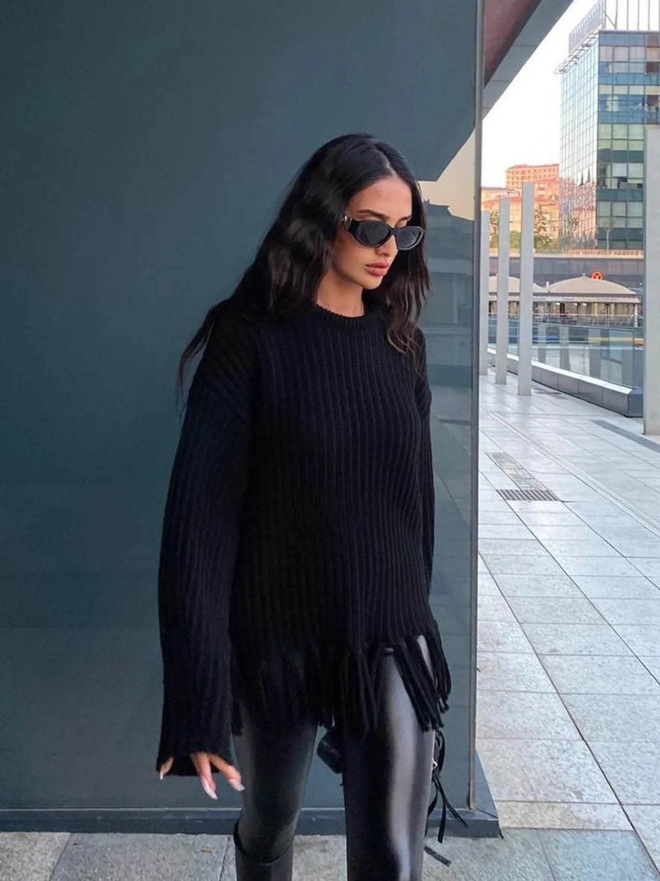 Fringe Round Neck Long Sleeve Sweater - Tredona LLC