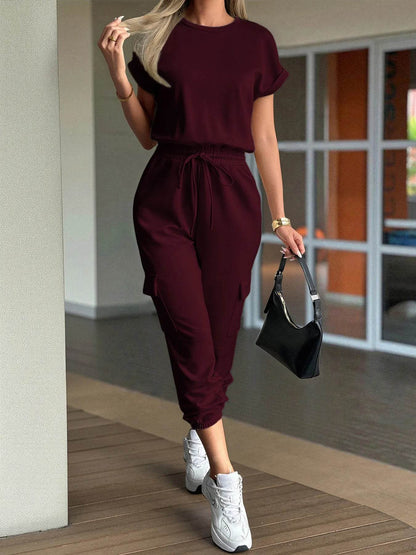 Round Neck Short Sleeve Top and Pants Set - Tredona LLC
