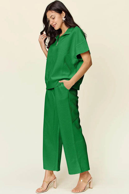 Double Take Full Size Texture Half Zip Short Sleeve Top and Pants Set - Tredona LLC