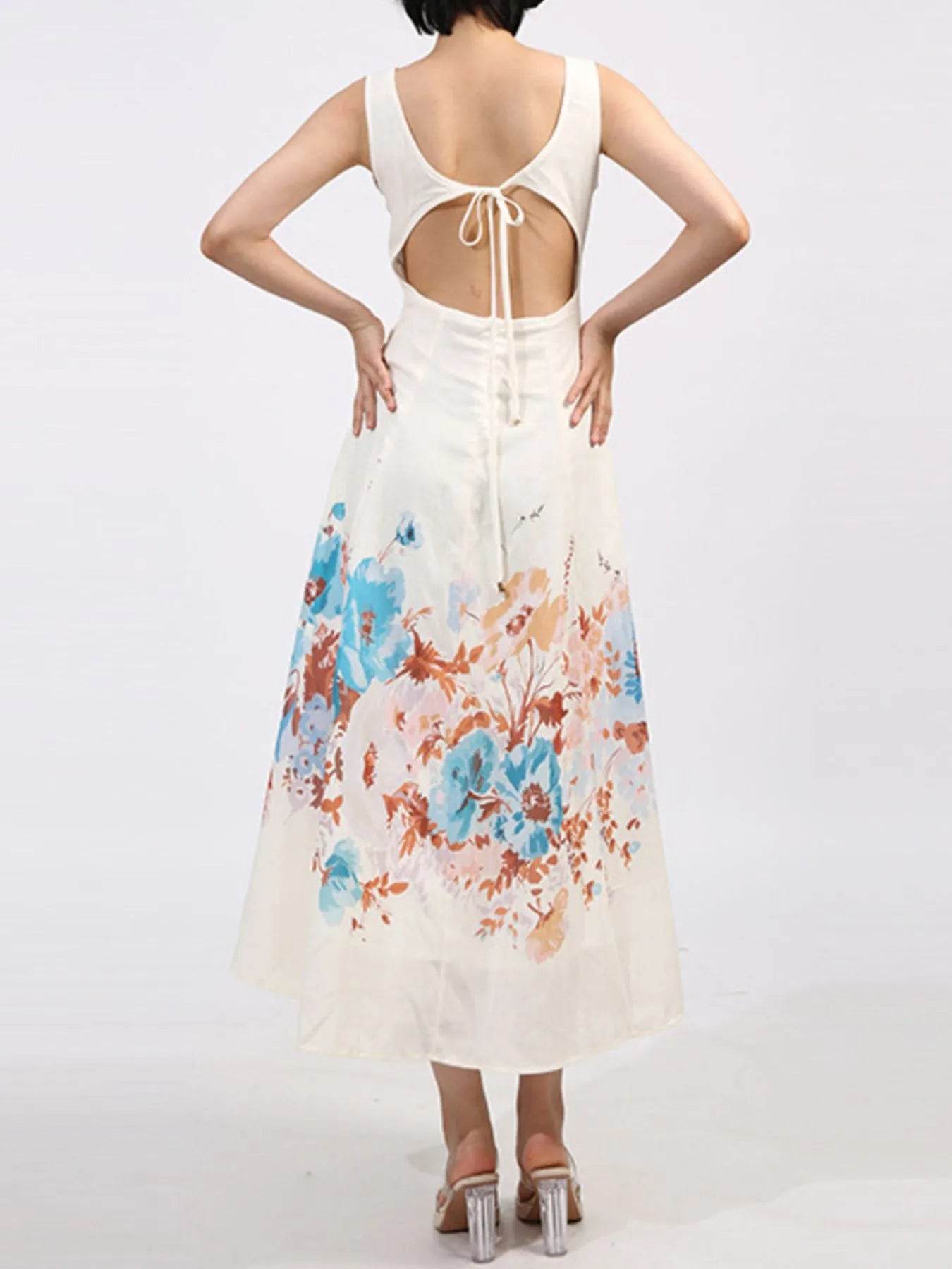 Cutout Back Printed Square Neck Dress - Tredona LLC