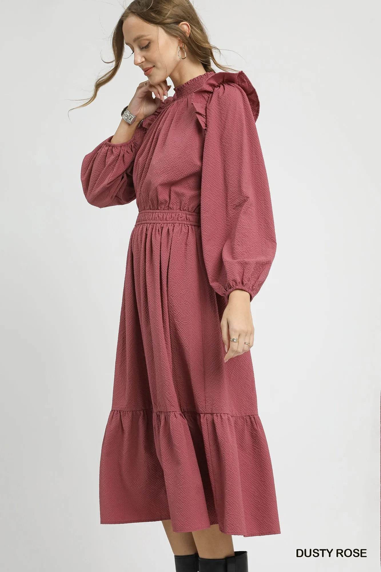 Umgee Textured Midi Dress with Ruffle Shoulder Detail - Tredona LLC