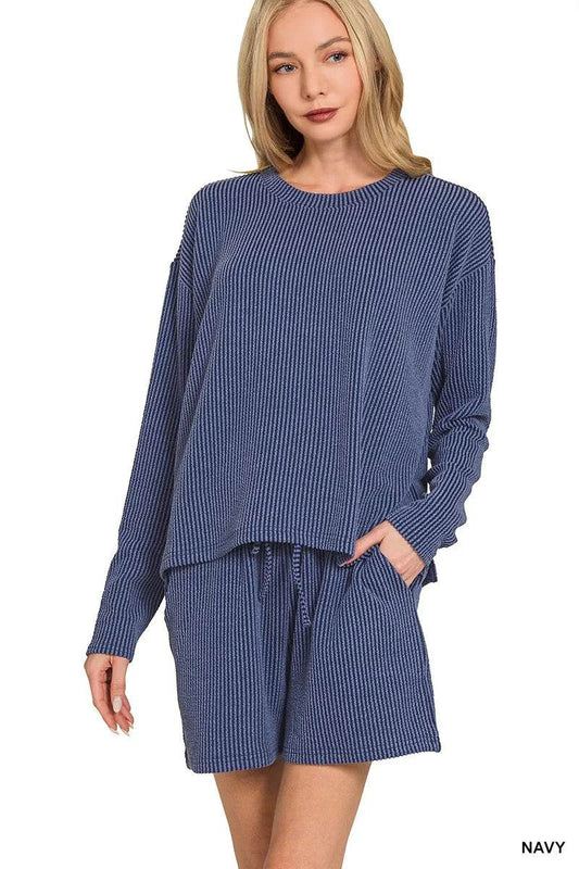 Zenana Corded Rib Long Sleeve Tee and Shorts Set - Tredona LLC