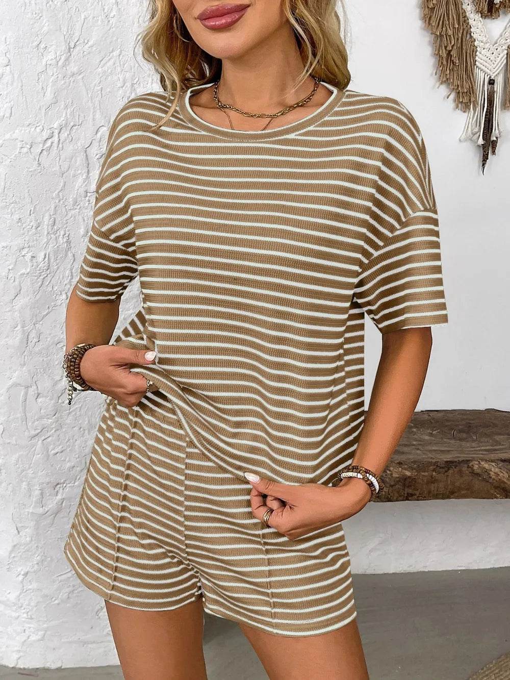 Striped Round Neck Short Sleeve Top and Shorts Set - Tredona LLC