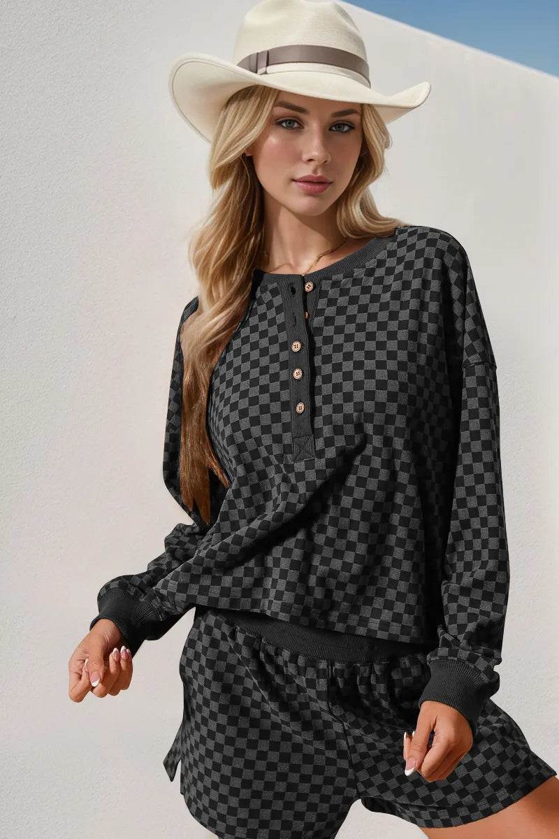 Double Take Checkered Half Button Top and Shorts Set - Tredona LLC