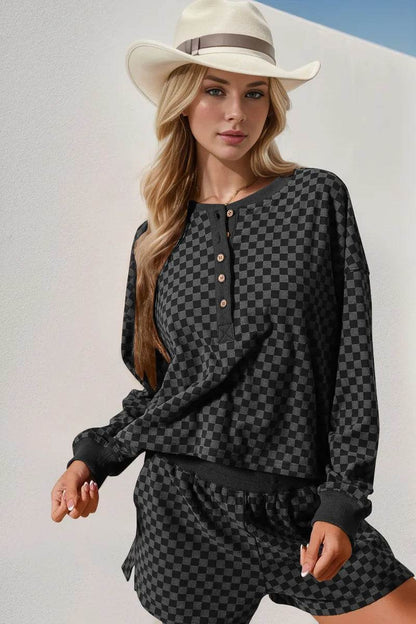 Double Take Checkered Half Button Top and Shorts Set - Tredona LLC