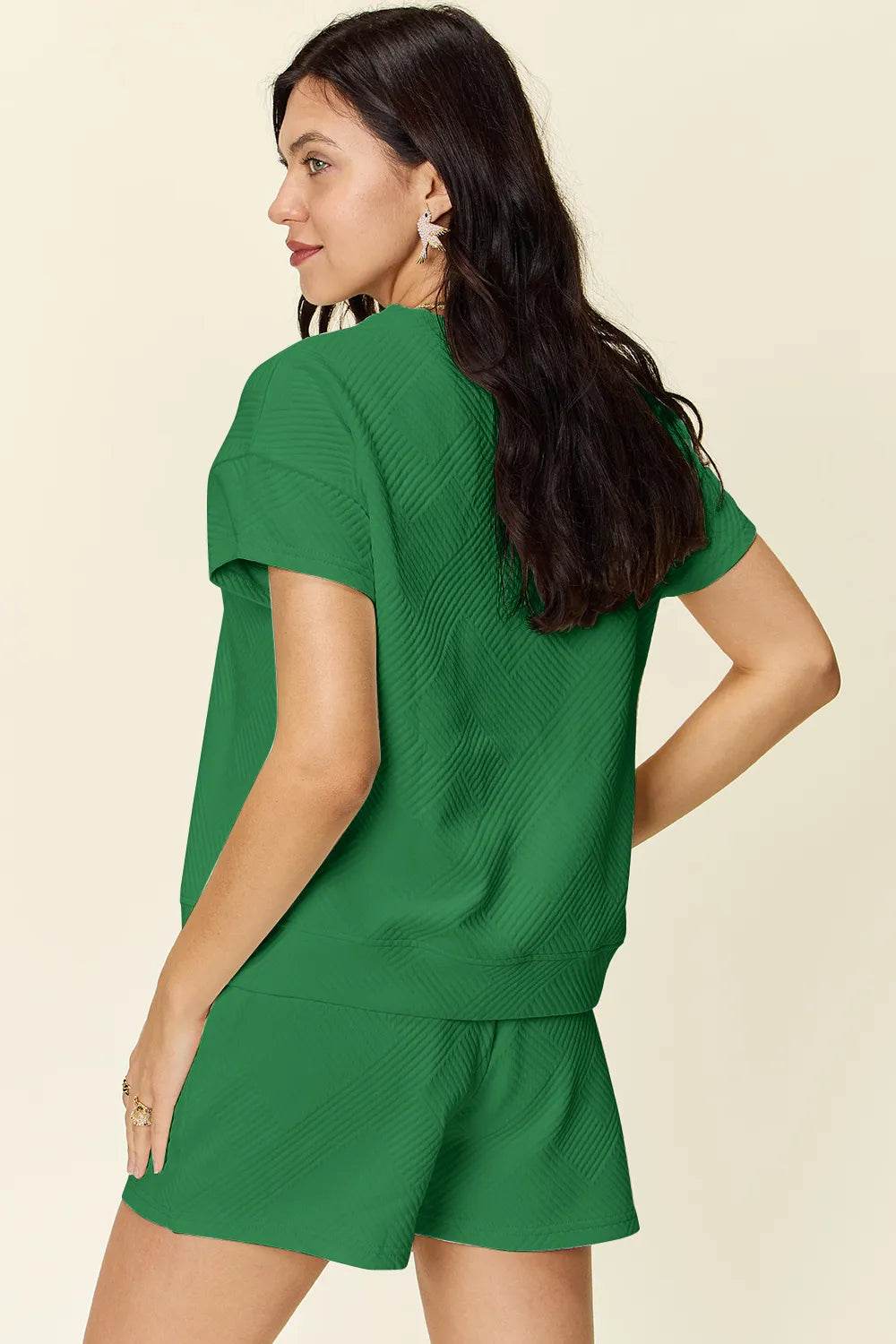 Double Take Full Size Texture Short Sleeve T-Shirt and Drawstring Shorts Set - Tredona LLC