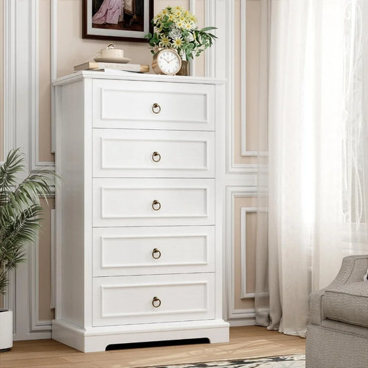 HOSTACK 5 Drawers Dresser for Bedroom, 44 Tall White Dresser with 5 Drawers, White Chest of Drawers with Storage, Modern Farmhou