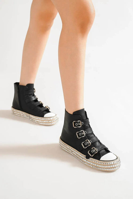 Beast Fashion Multi-Buckle Straps Studded Platform Sneakers - Tredona LLC