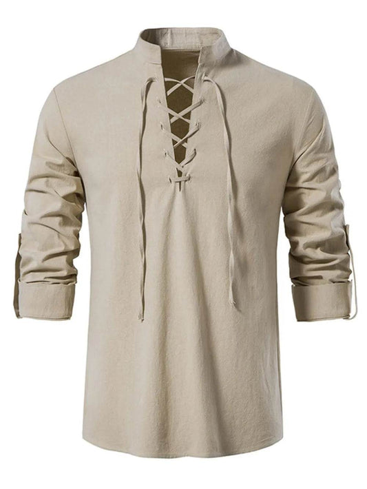 Men's Lace Up Long Sleeve Blouse - Tredona LLC