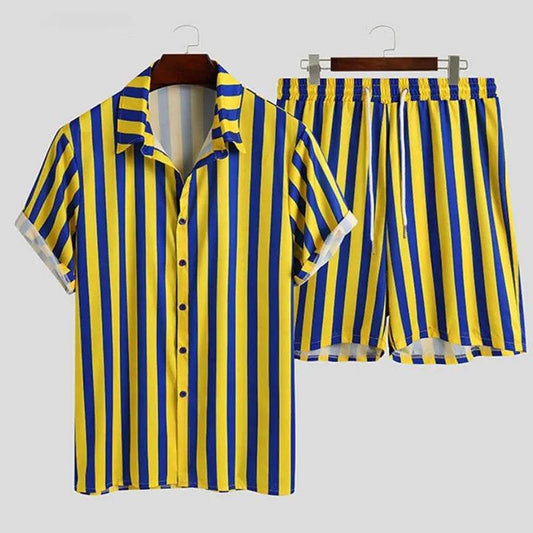 Men's Full Size Striped Button Up Shirt and Shorts Set Plus Size - Tredona LLC
