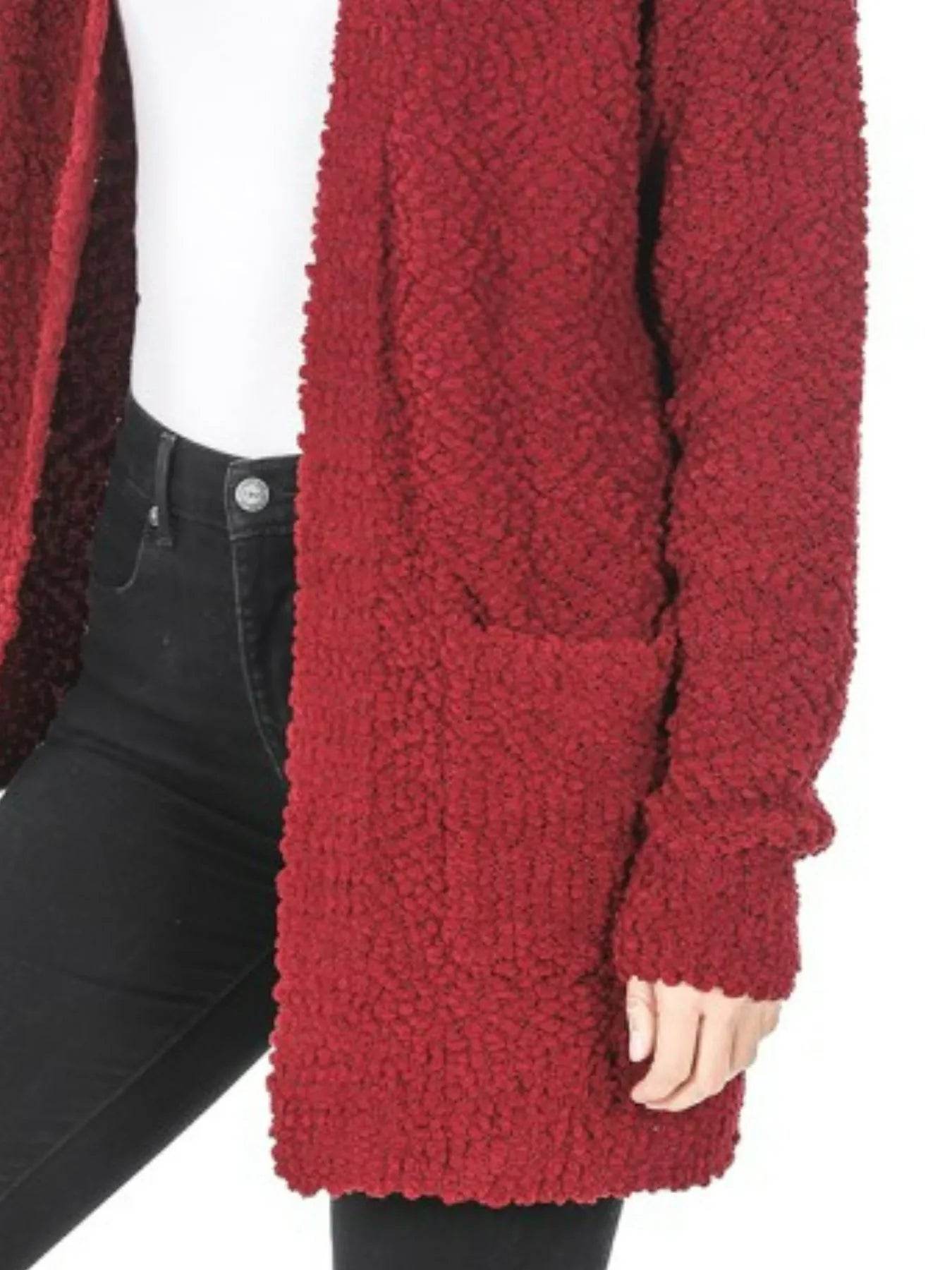 Zenana Long Sleeve Popcorn Sweater Cardigan with Pockets - Tredona LLC