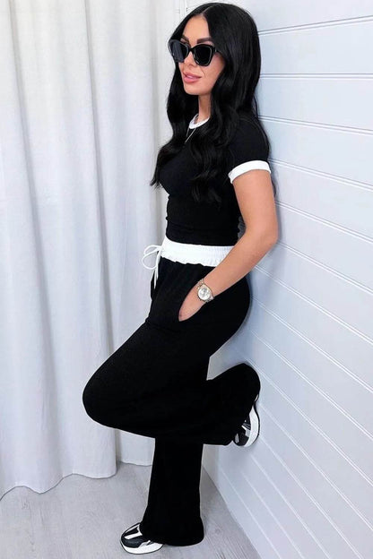 Contrast Trim Round Neck Top and Pants Set - Tredona LLC