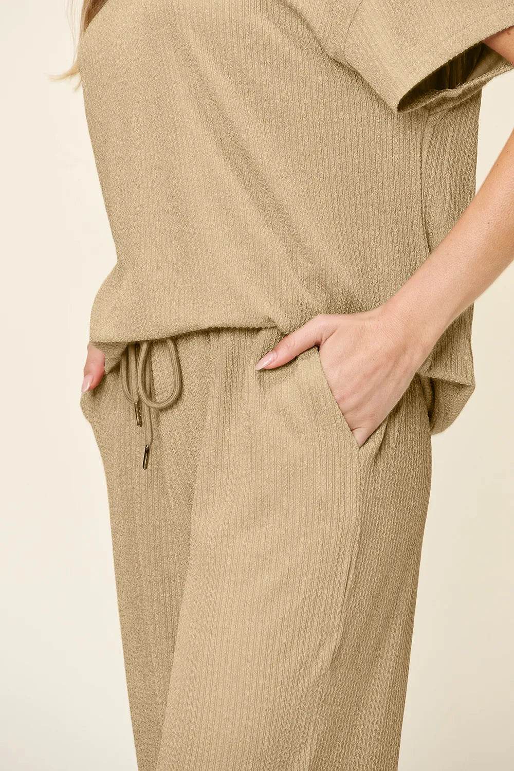 Double Take Full Size Texture Round Neck Short Sleeve T-Shirt and Wide Leg Pants - Tredona LLC
