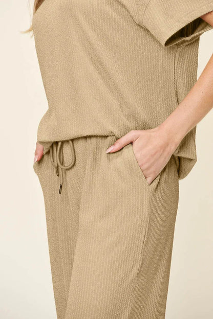 Double Take Full Size Texture Round Neck Short Sleeve T-Shirt and Wide Leg Pants - Tredona LLC