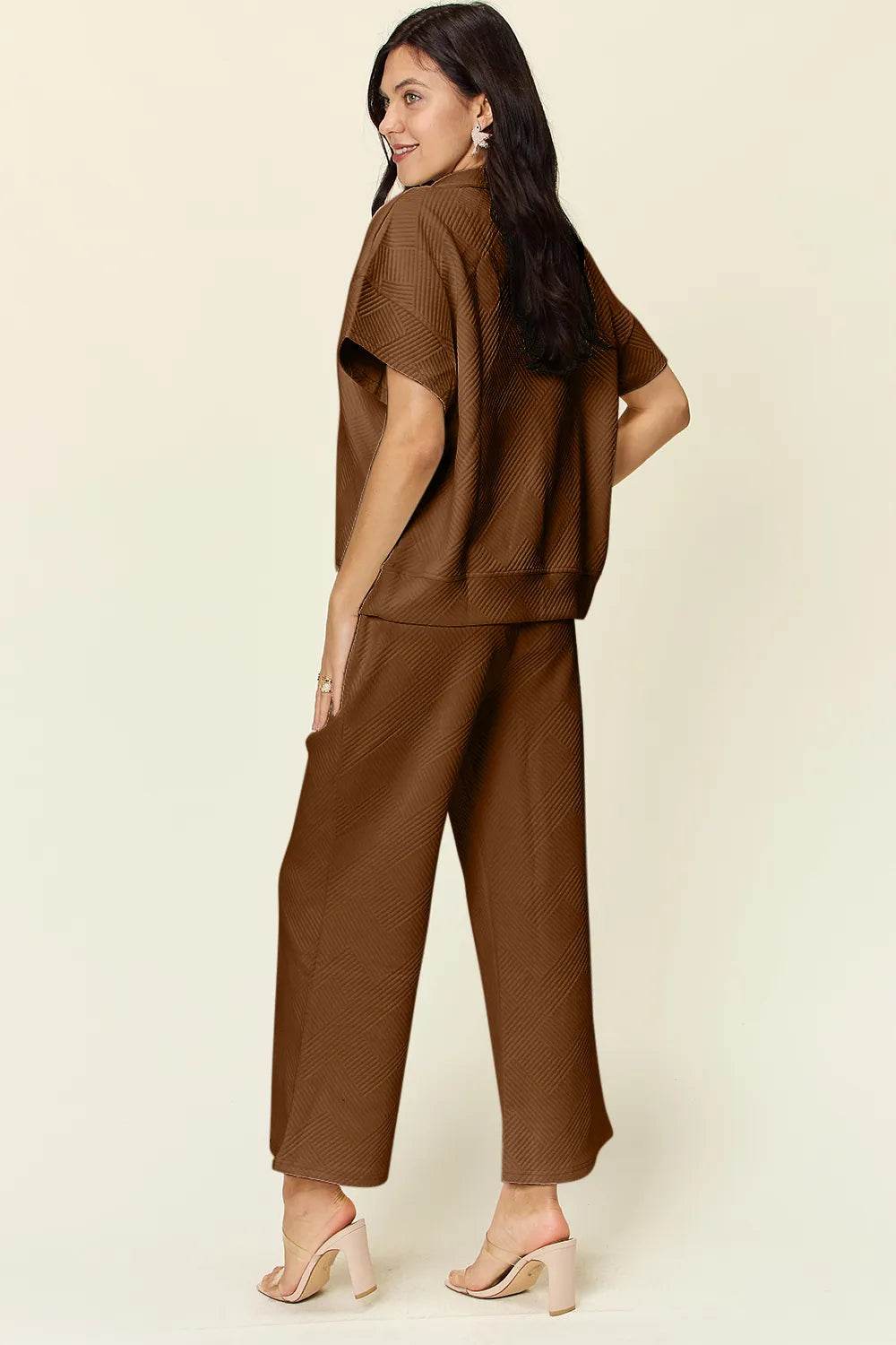 Double Take Full Size Texture Half Zip Short Sleeve Top and Pants Set - Tredona LLC