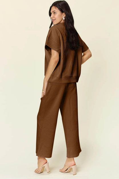 Double Take Full Size Texture Half Zip Short Sleeve Top and Pants Set - Tredona LLC