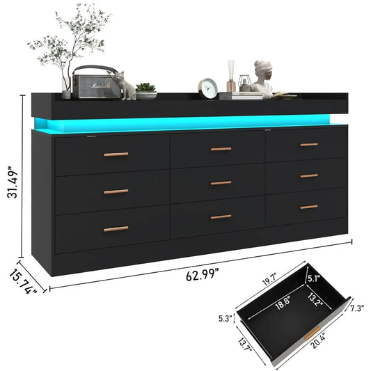 Modern LED-lit 9-Drawer Dresser with Built-in Charging Station and Power Outlet for Bedroom Organization