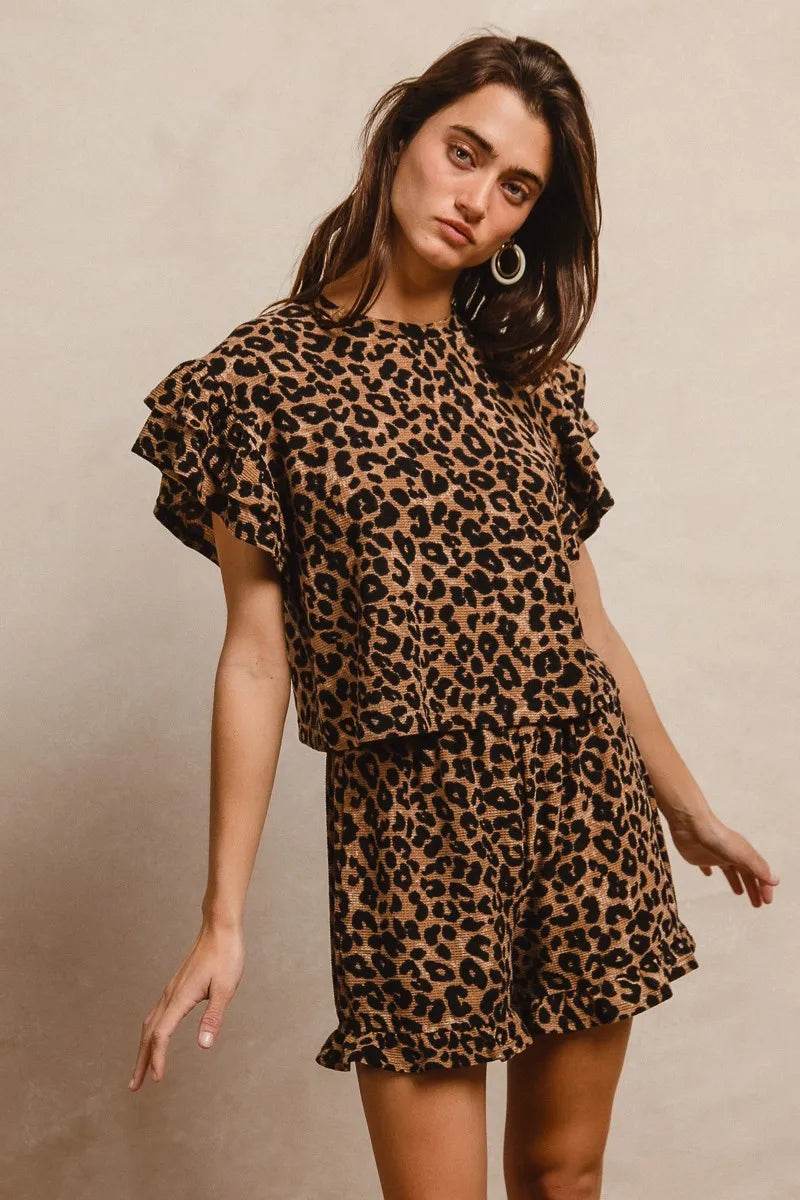 BiBi Leopard Print Waffle Texture Layered Ruffle Sleeve Top and Shorts Set - Tredona LLC