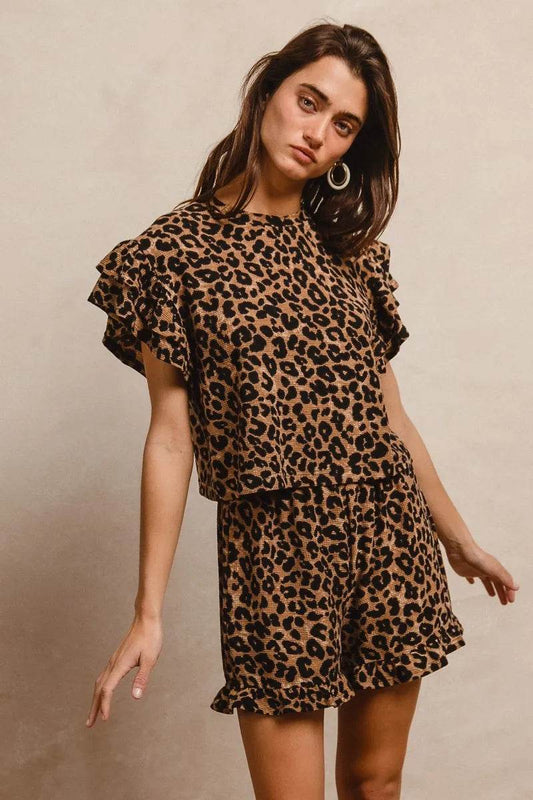 BiBi Leopard Print Waffle Texture Layered Ruffle Sleeve Top and Shorts Set - Tredona LLC