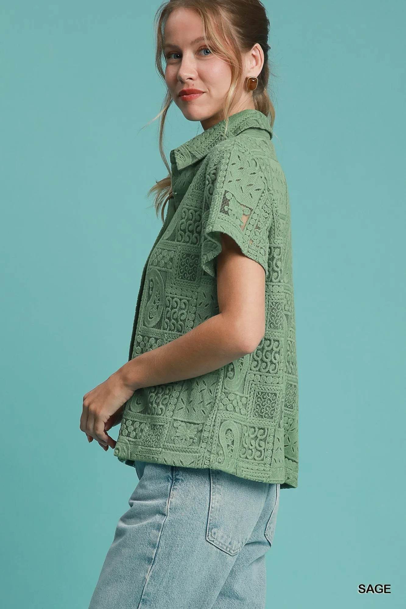 Umgee Patch Lace Short Sleeve Button Down Shirt - Tredona LLC