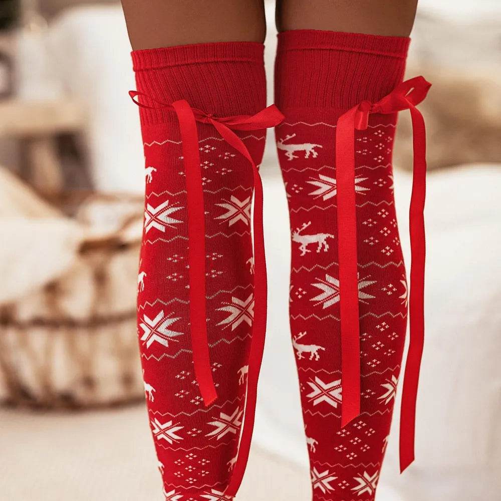 Christmas Element Bowknot Ribbed Trim Over Knee Stockings - Tredona LLC