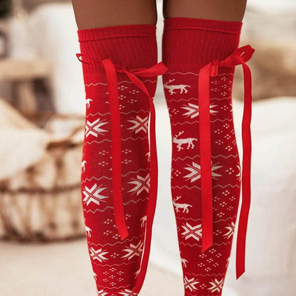 Christmas Element Bowknot Ribbed Trim Over Knee Stockings - Tredona LLC
