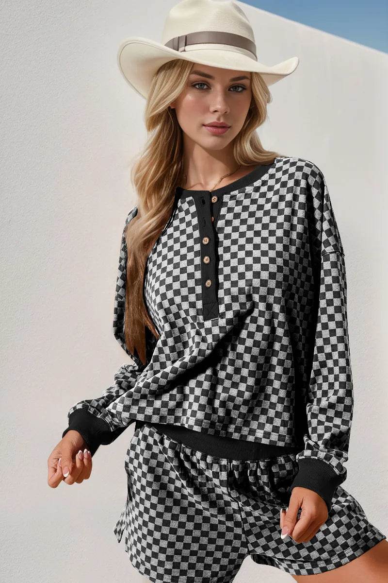 Double Take Checkered Half Button Top and Shorts Set - Tredona LLC