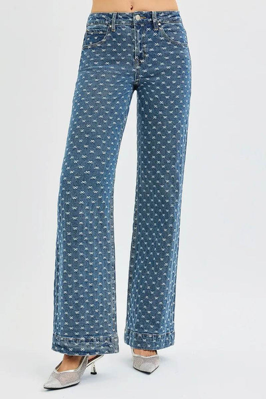 RISEN High Rise Wide Leg Bow Embroidered Jeans - Tredona LLC