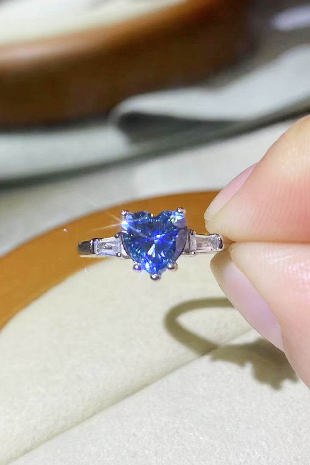 1 Carat Moissanite Heart-Shaped Platinum-Plated Ring in Blue - Tredona LLC