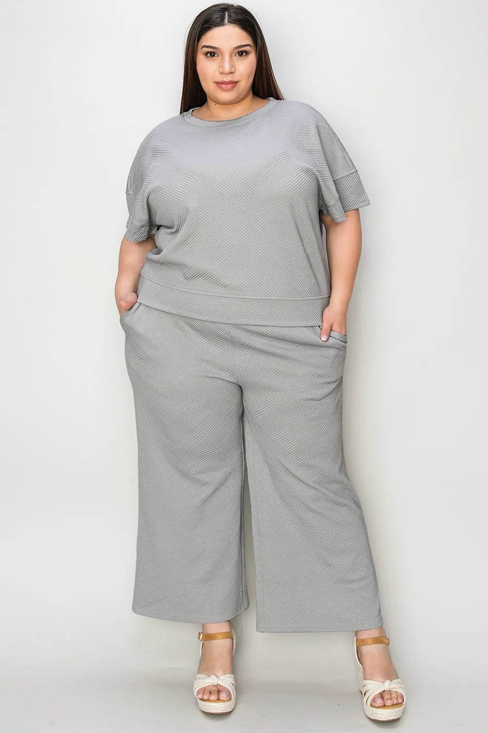 Double Take Full Size Texture Short Sleeve Top and Pants Set - Tredona LLC