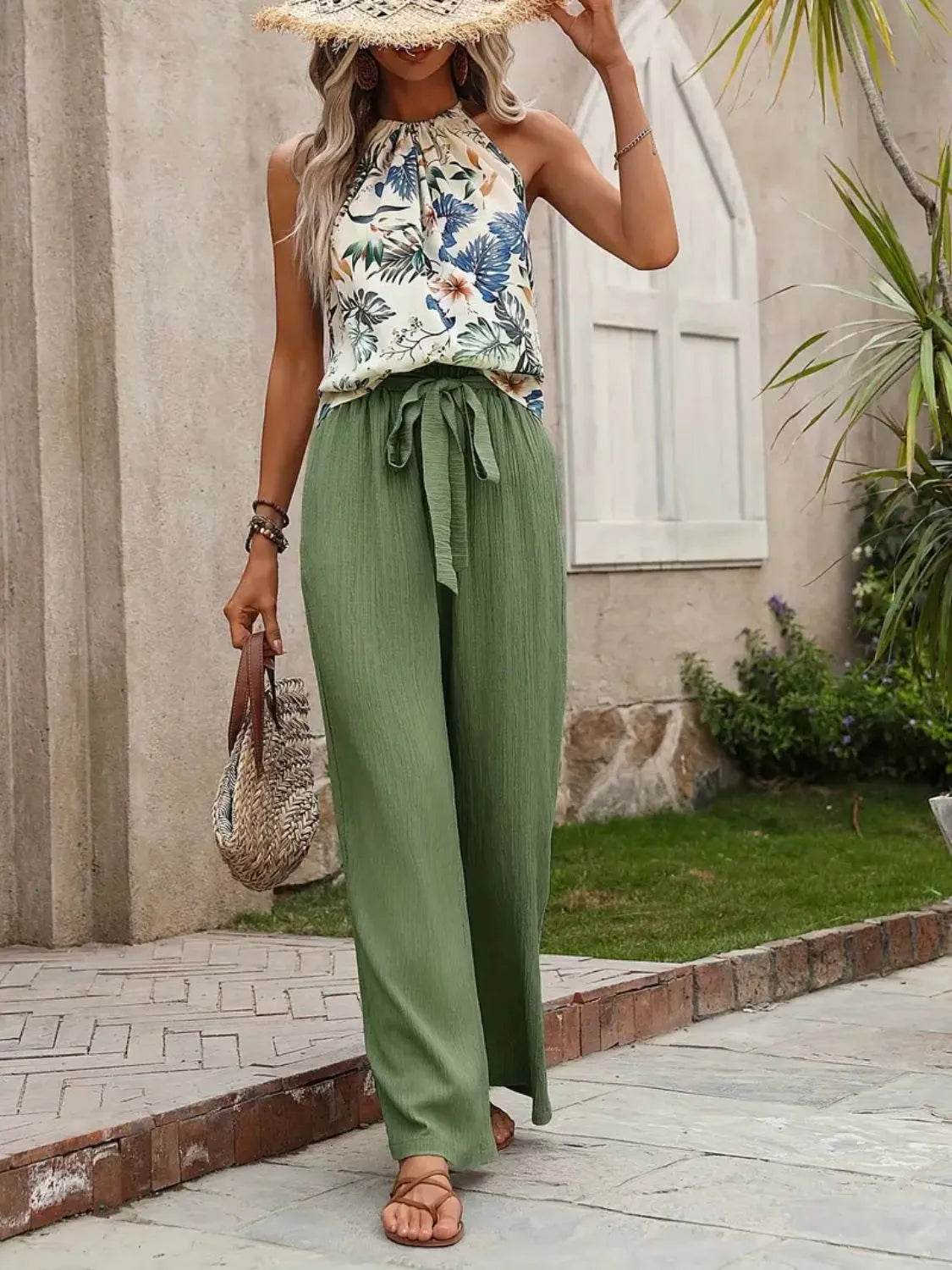 Printed Tank Top and Wide Leg Pants Set - Tredona LLC