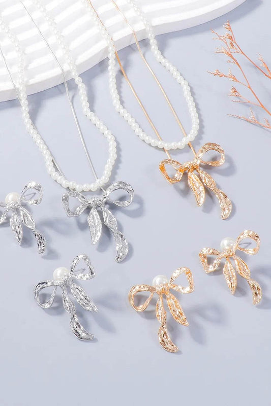 Synthetic Pearl Necklace, Bow Necklace and Bow Earrings Jewelry Set - Tredona LLC