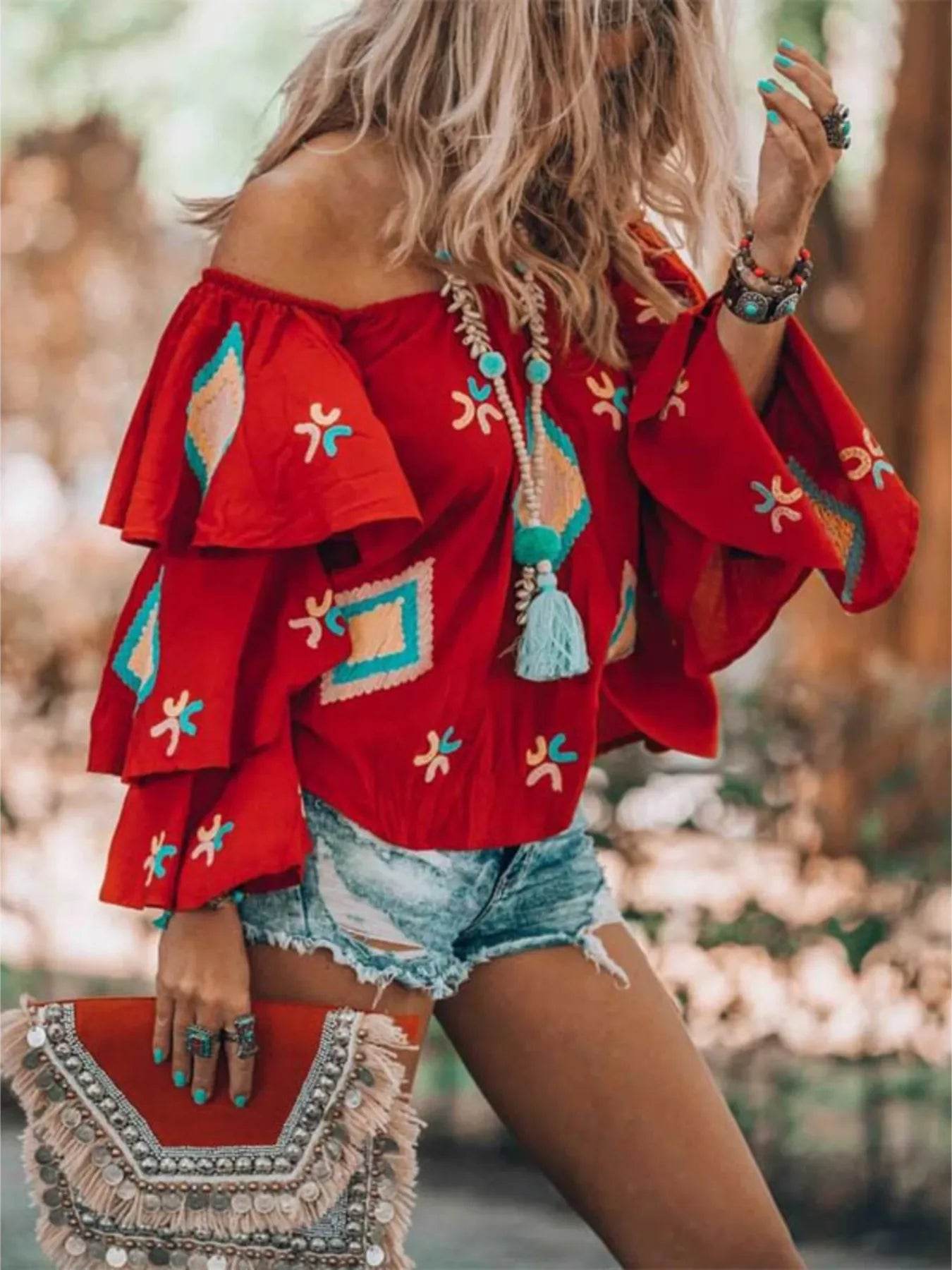 Full Size Off-Shoulder Layered Sleeve Blouse Plus Size - Tredona LLC