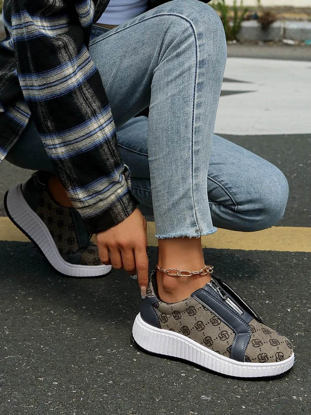 Floral Round Toe Sneakers with Zip - Tredona LLC