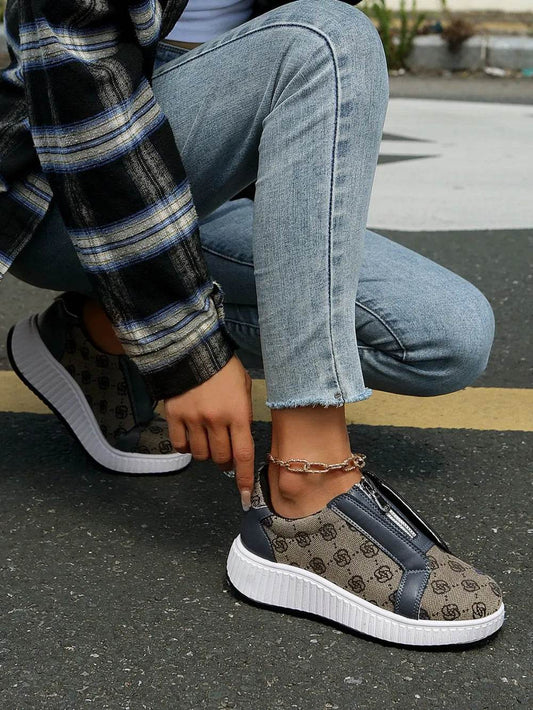 Floral Round Toe Sneakers with Zip - Tredona LLC