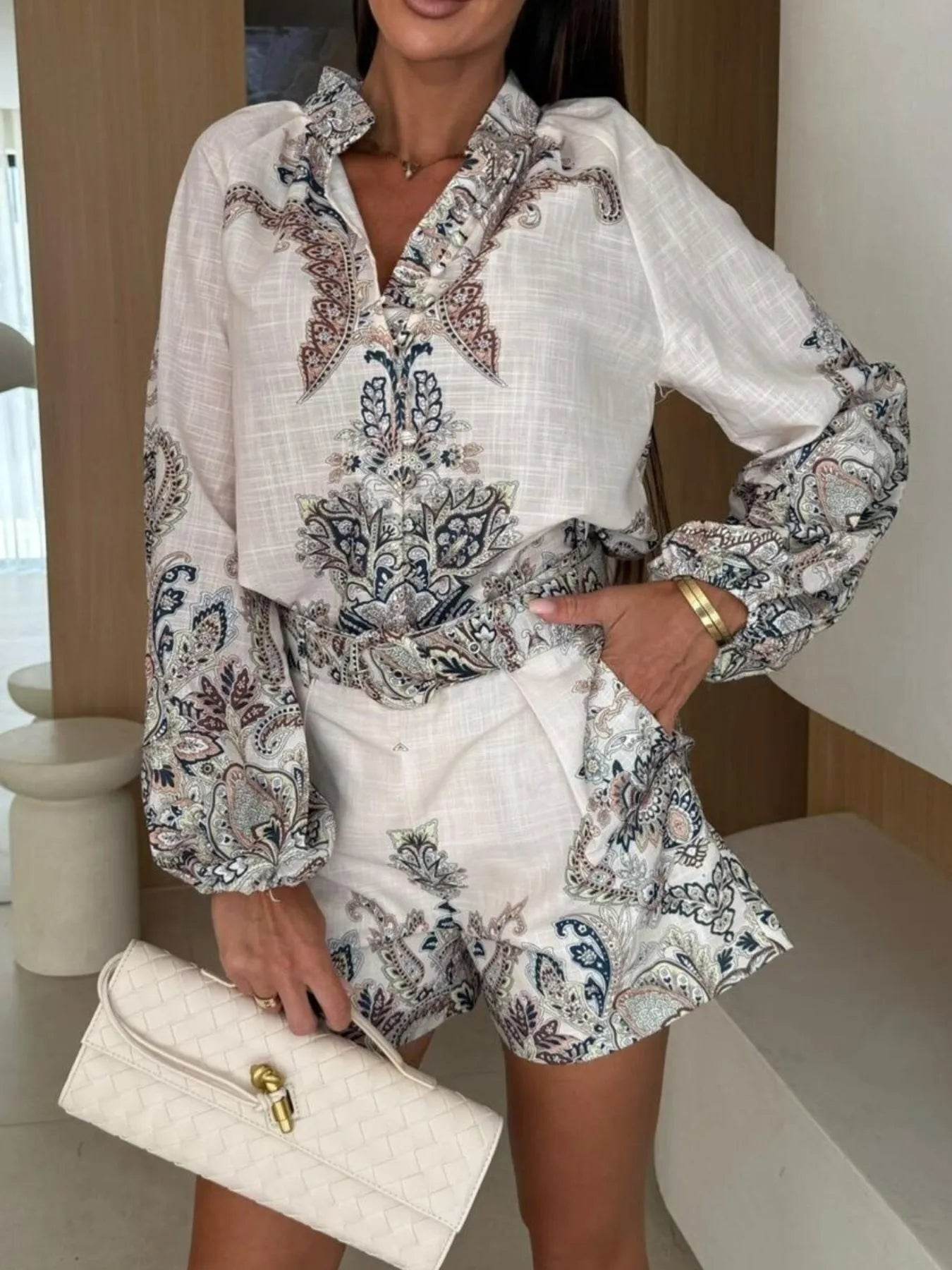 Printed Long Sleeve Shirt and Shorts Set - Tredona LLC