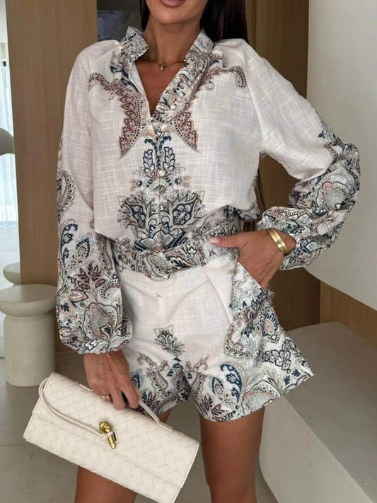 Printed Long Sleeve Shirt and Shorts Set - Tredona LLC